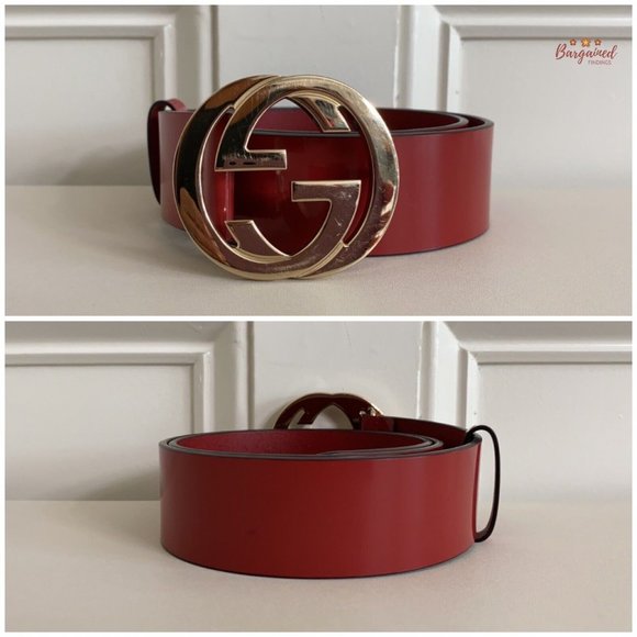 Authentic GUCCI Red Glossy Leather Gold Interlocking G Buckle Belt 80/32 - Picture 3 of 13